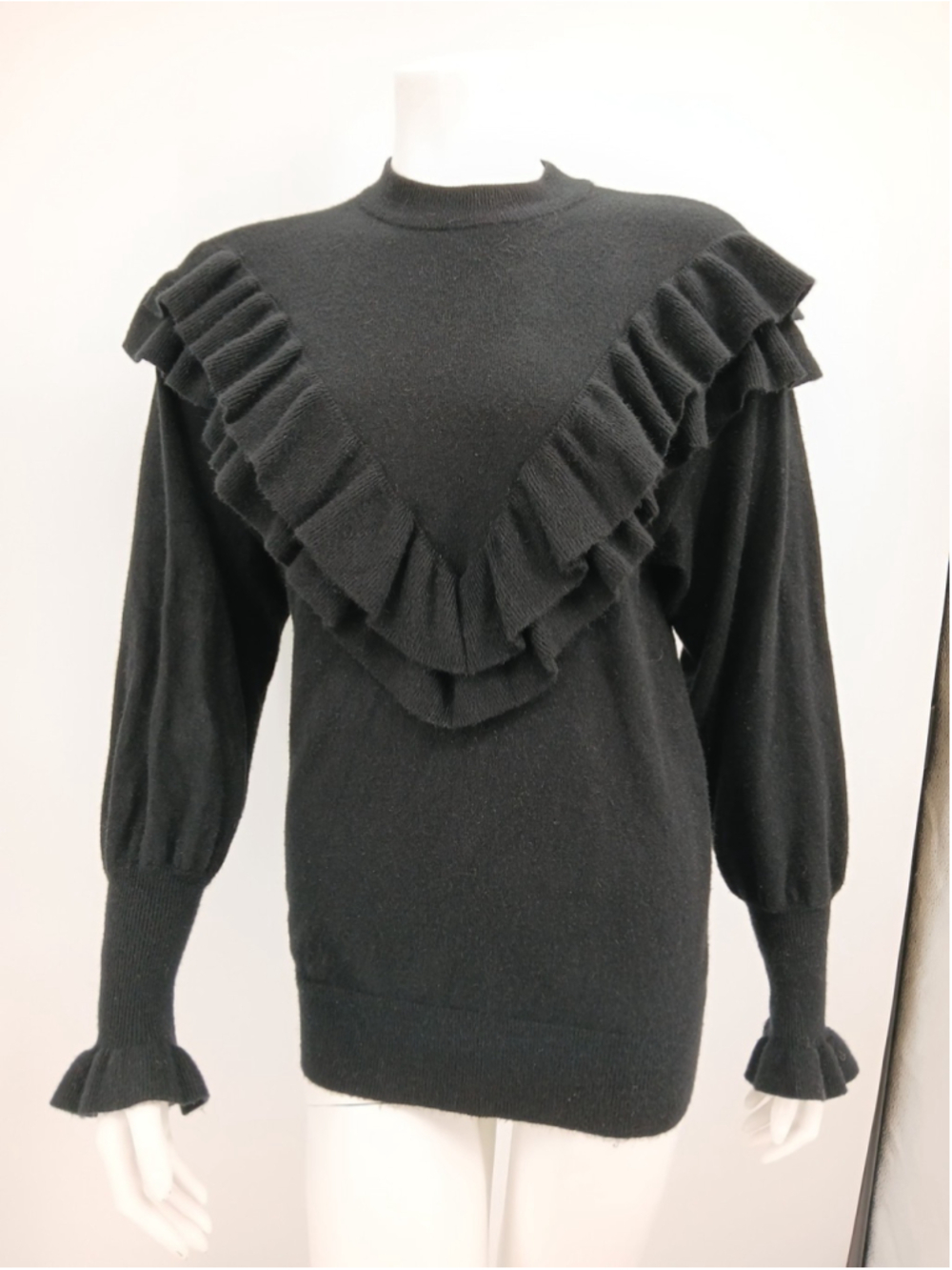 Bloomingdales Aqua Black Ruffle Sweater Size XS Pullover